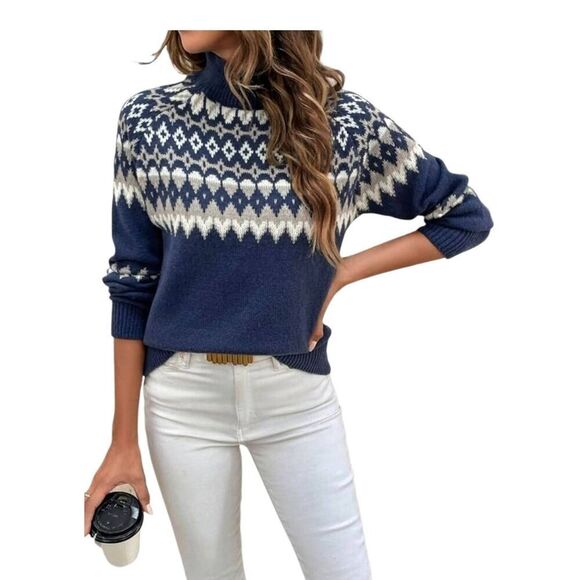 LARPOPKC Women's Navy Poly Knit Pattern High Neck Raglan Sleeve Sweater NEW - Picture 1 of 11